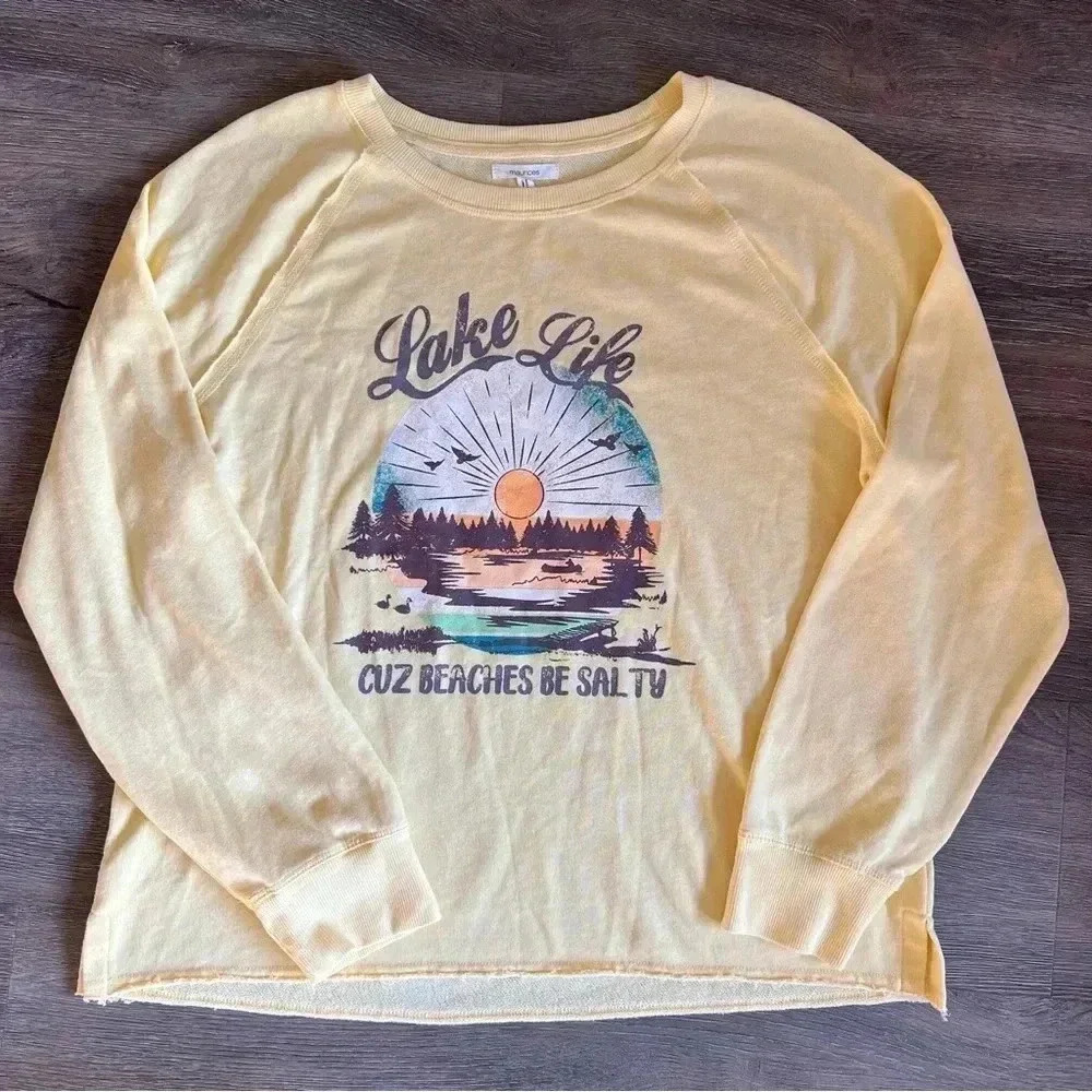 Maurices | Lake Life Yellow Relaxed Crew Neck Sweatshirt Women’s Size Medium